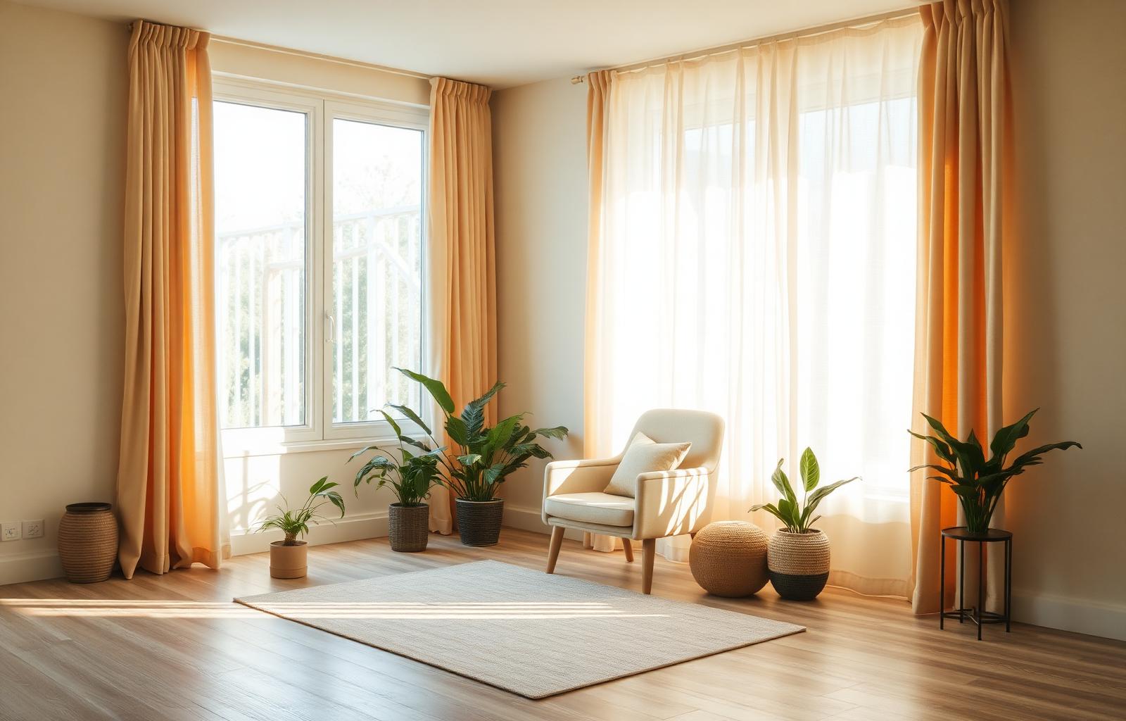 Sunlit therapy room with cream armchair and plants